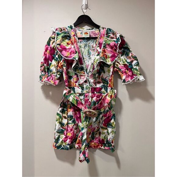 Farm Rio Women's Multicolor Floral Ruffle Belted V-Neck Romper Shorts Large NWOT - Picture 8 of 11